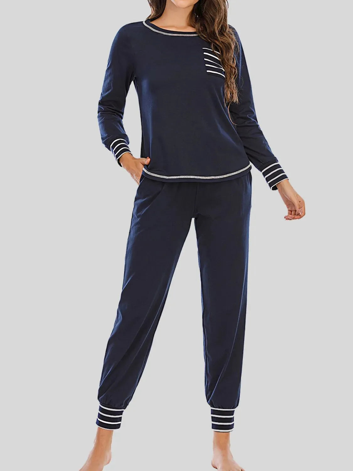 Round Neck Top and Pants Lounge Set Dark Navy Loungewear Sets - Tophatter Daily Deals