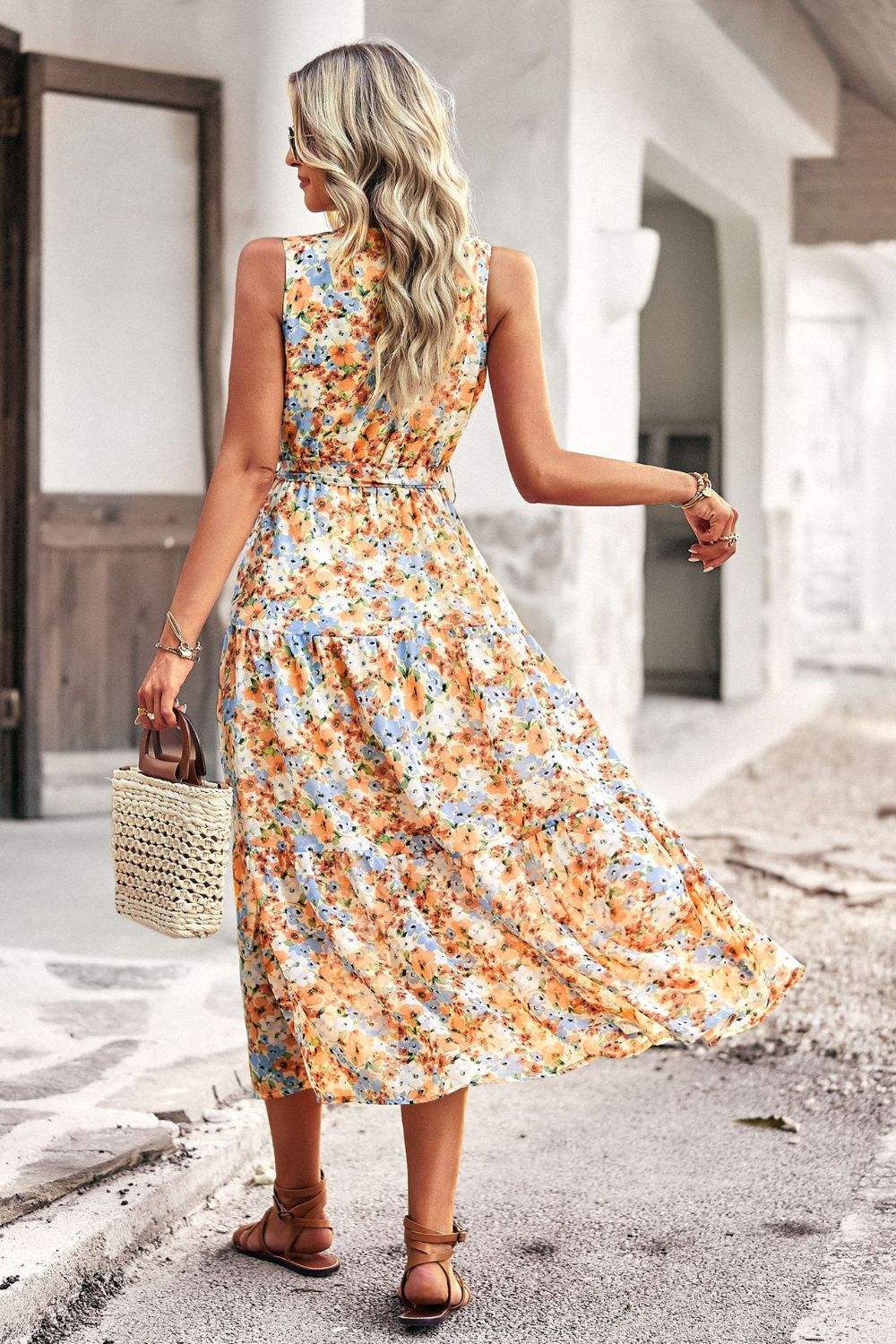 Floral Belted Surplice Sleeveless Tiered Dress Casual Dresses - Tophatter Daily Deals