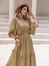 Tassel Trim Smocked V-Neck Short Sleeve Dress Olive Casual Dresses - Tophatter Daily Deals