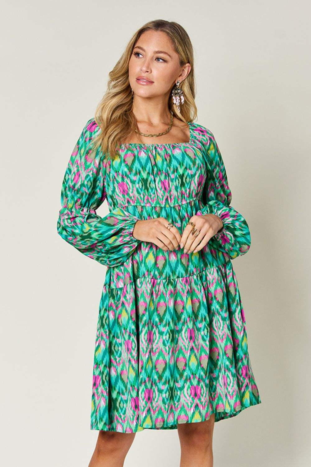 Double Take Full Size Printed Long Sleeve Dress Mid Green Casual Dresses - Tophatter Daily Deals