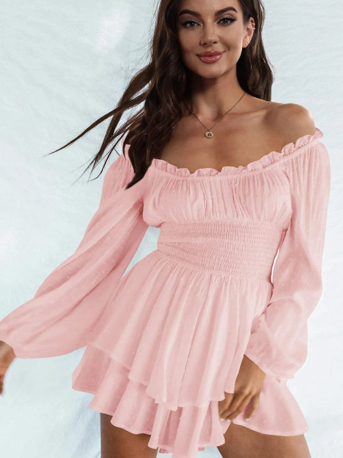 Off Shoulder Smocked Waist Romper Blush Pink Casual Dresses - Tophatter Daily Deals