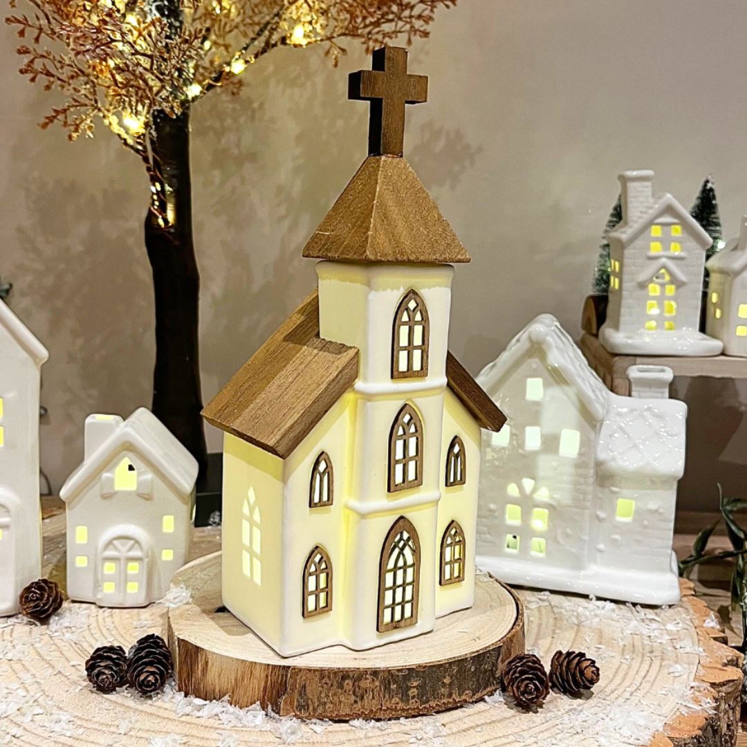 LED Ceramic Christmas Church | Light Up Ceramic & Wood Chapel Ornament - 23cm LED Light - Tophatter Daily Deals