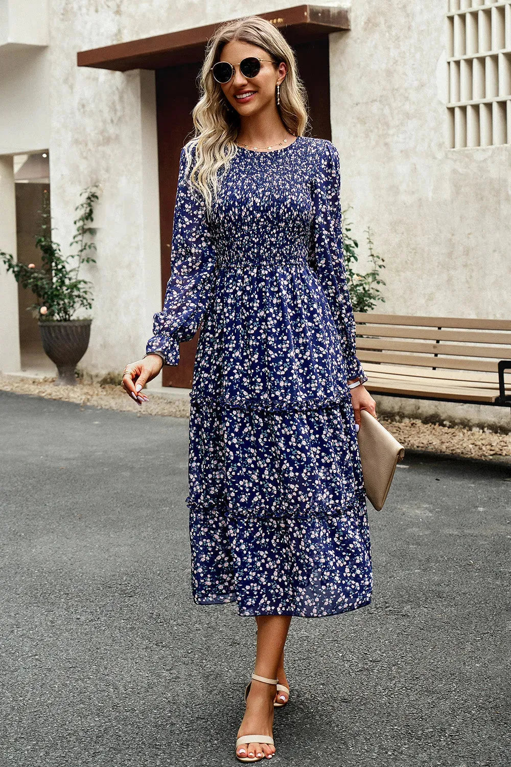 Smocked Flounce Sleeve Midi Dress Peacock Blue Casual Dresses - Tophatter Daily Deals
