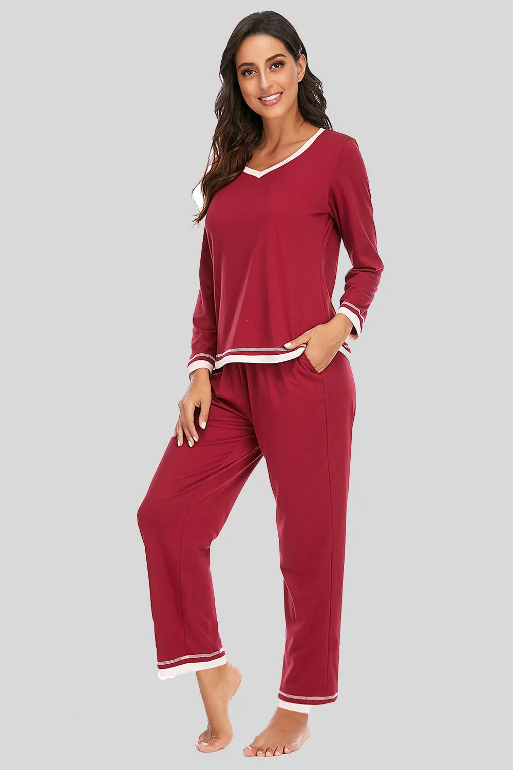 V-Neck Top and Pants Lounge Set Wine Loungewear Sets Apparel & Accessories H#Y HOT DEALS HOME PAGE Lingerie Sleepwear Loungewear Loungewear Sets New Deals Sexy sexy lingerie Ship From Overseas Ship from USA Sleep Sleepwear Sleepwear & Loungewear USA USA STOCK - Tophatter Daily Deals And Savings