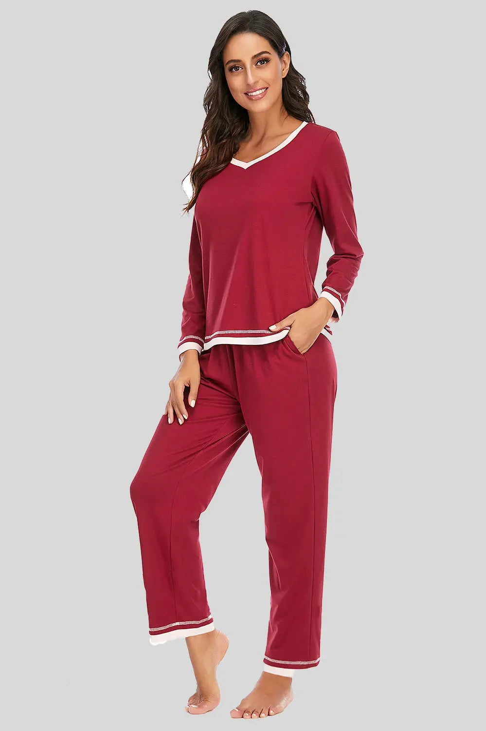 V-Neck Top and Pants Lounge Set Wine Loungewear Sets - Tophatter Daily Deals