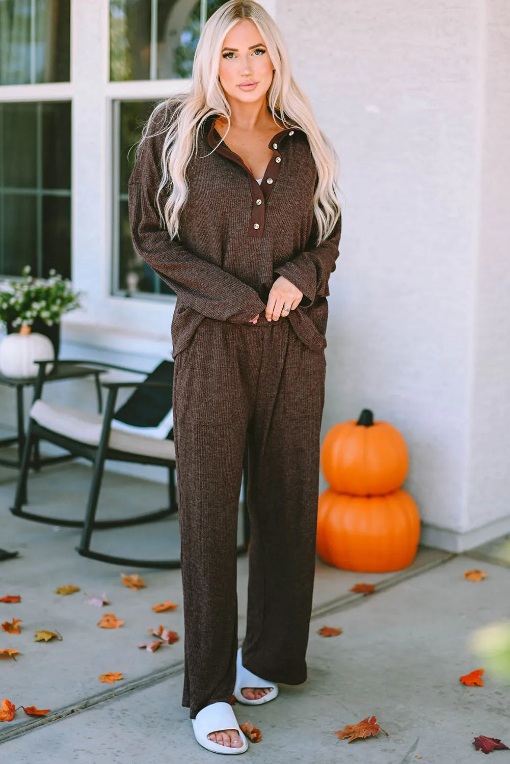 Brown Ribbed Knit Collared Henley Top and Pants Lounge Outfit Brown 85%Polyester+10%Viscose+5%Elastane Loungewear & Sleepwear/Loungewear - Tophatter Daily Deals