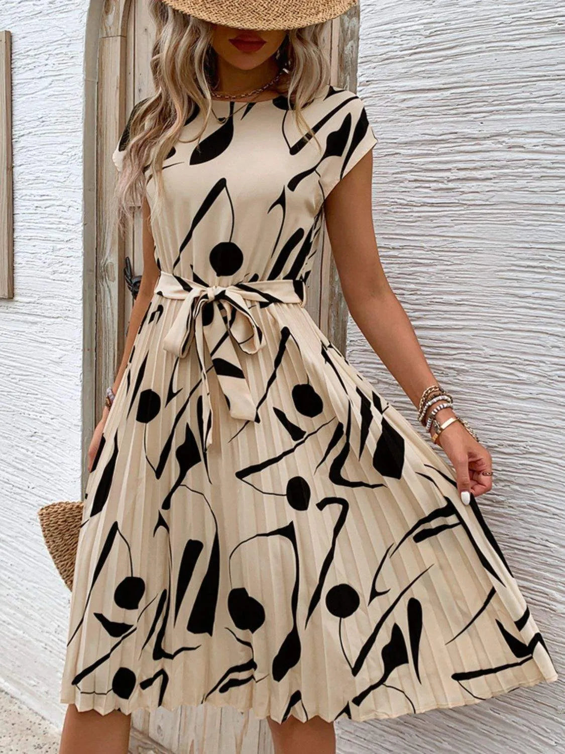 Tied Pleated Printed Cap Sleeve Dress Casual Dresses - Tophatter Daily Deals