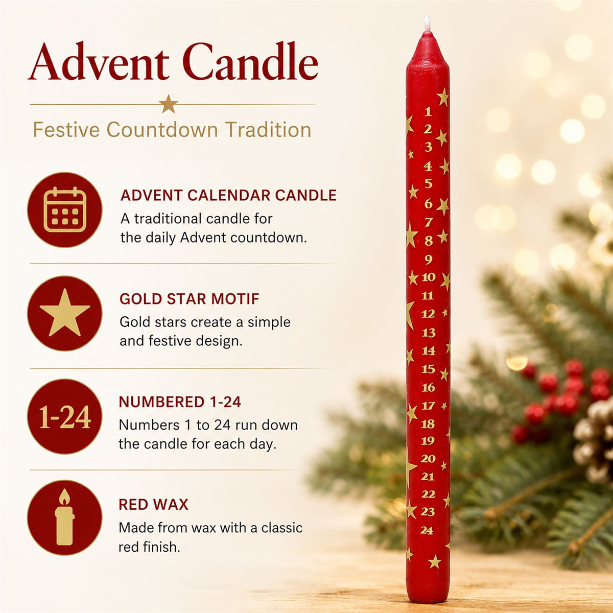 Red Christmas Advent Candle, Festive Gold Star Countdown Dinner Candle Advent Candle - Tophatter Daily Deals