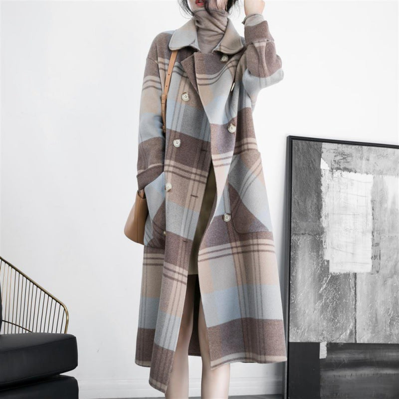 Warm Women's Checked Wool Mid-Length Coat - Double-Breasted 3D Changing Face Moving Picture Frame - Tophatter Daily Deals