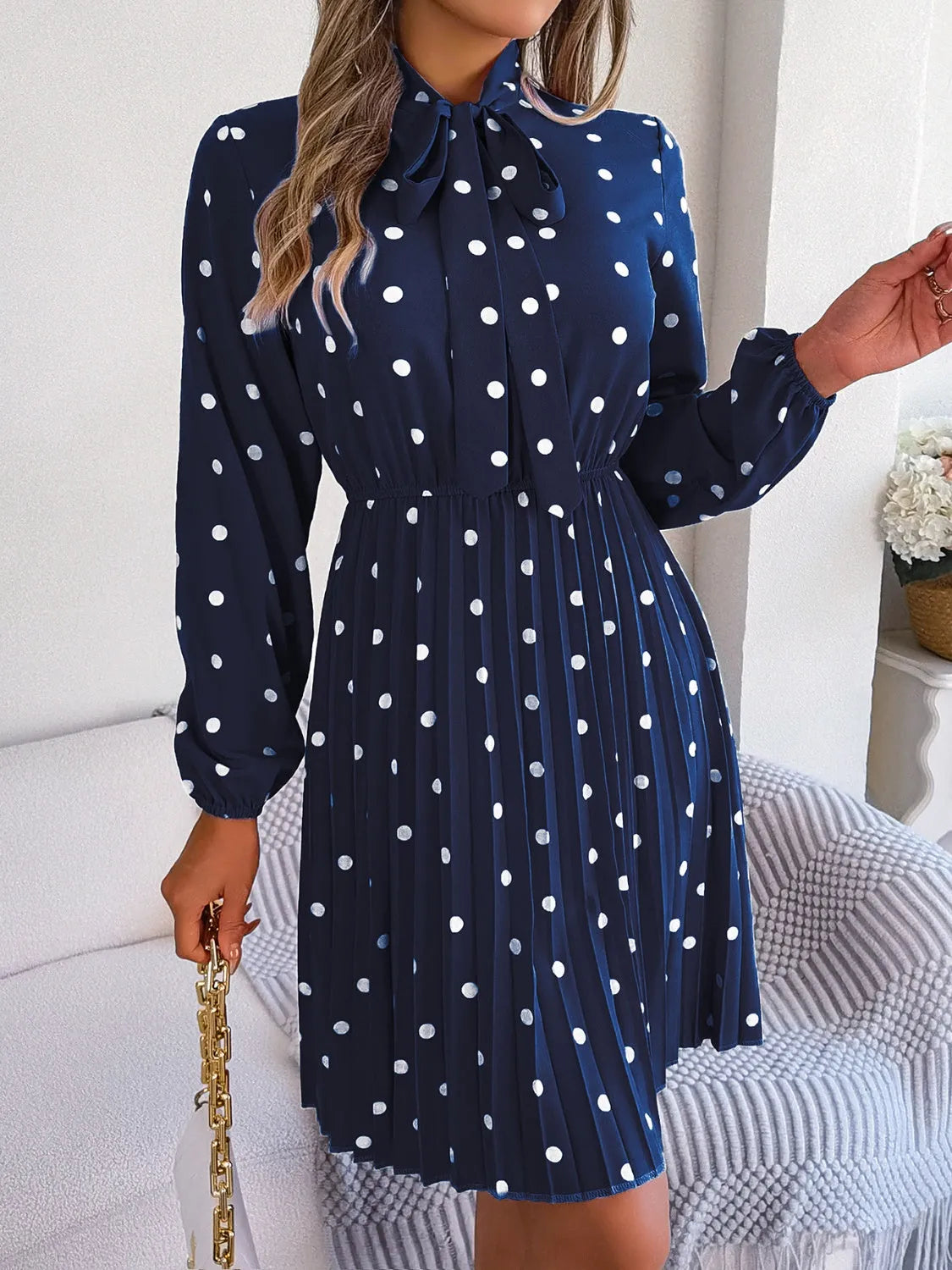 Polka Dot Tie Neck Pleated Dress Dark Navy Casual Dresses - Tophatter Daily Deals