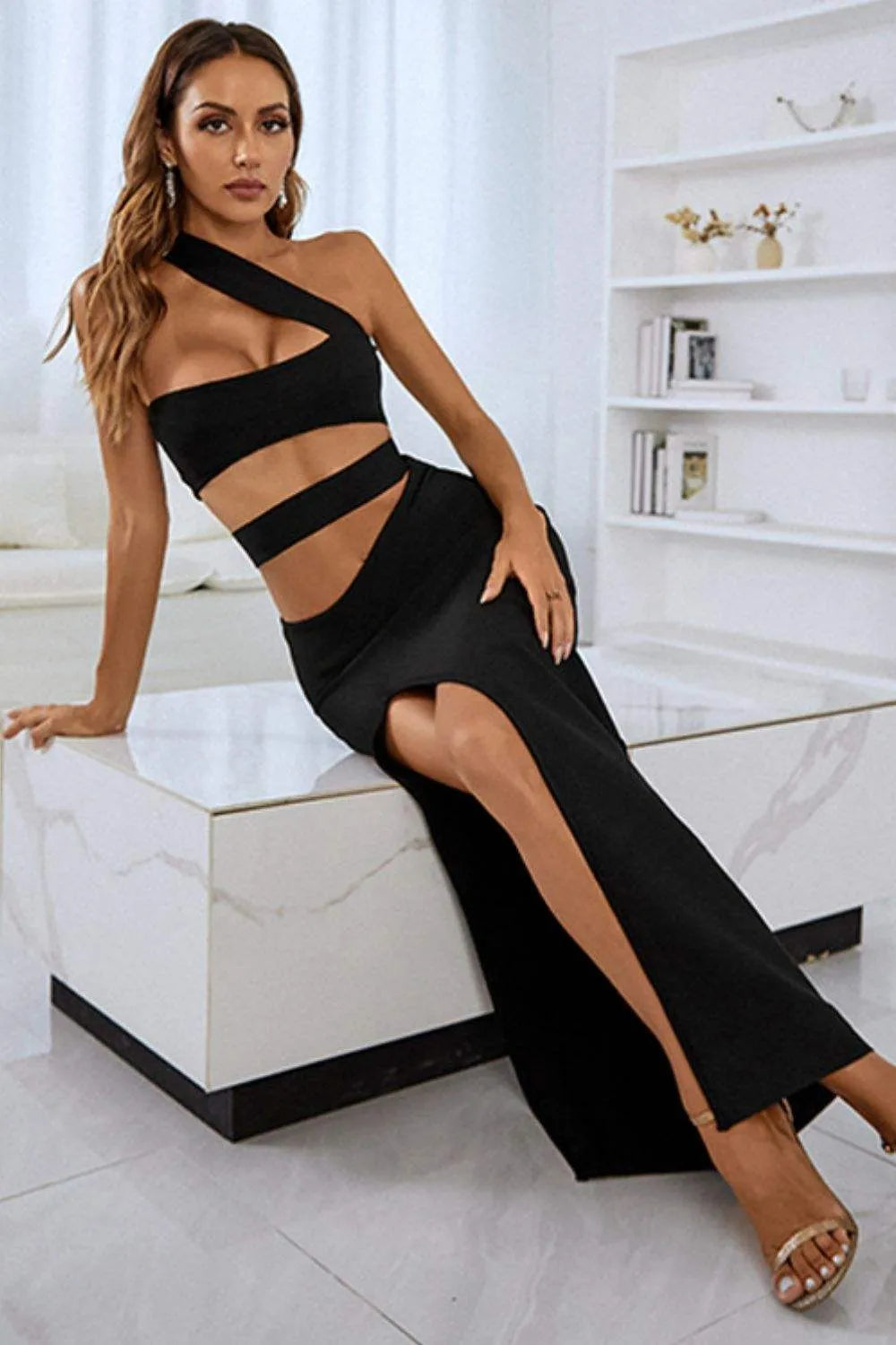 One-Shoulder Cutout Front Split Maxi Dress Cocktail Dresses - Tophatter Daily Deals