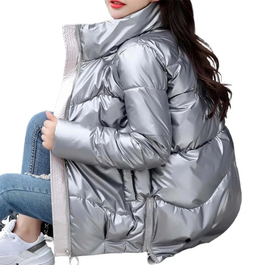 Warm Women’s Puffer Jacket - Cozy Glossy Shell, City Silver - Tophatter Daily Deals