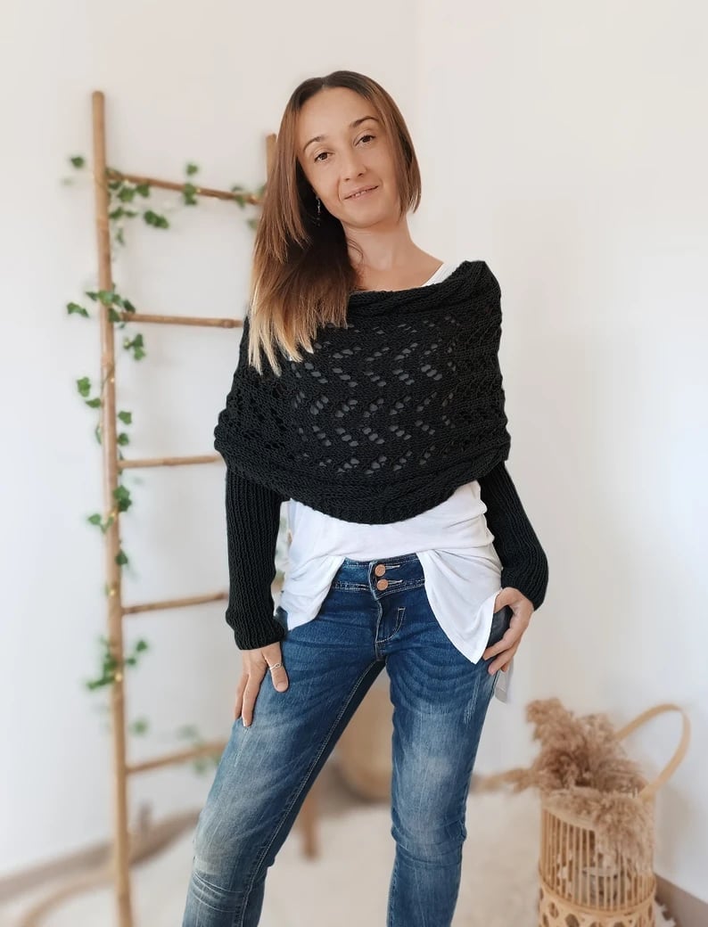 Soft Women’s Scarf - Openwork Rectangular, Knit, For Winter Black - Tophatter Daily Deals