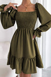 Smocked Square Neck Flounce Sleeve Mini Dress Army Green Casual Dresses - Tophatter Daily Deals