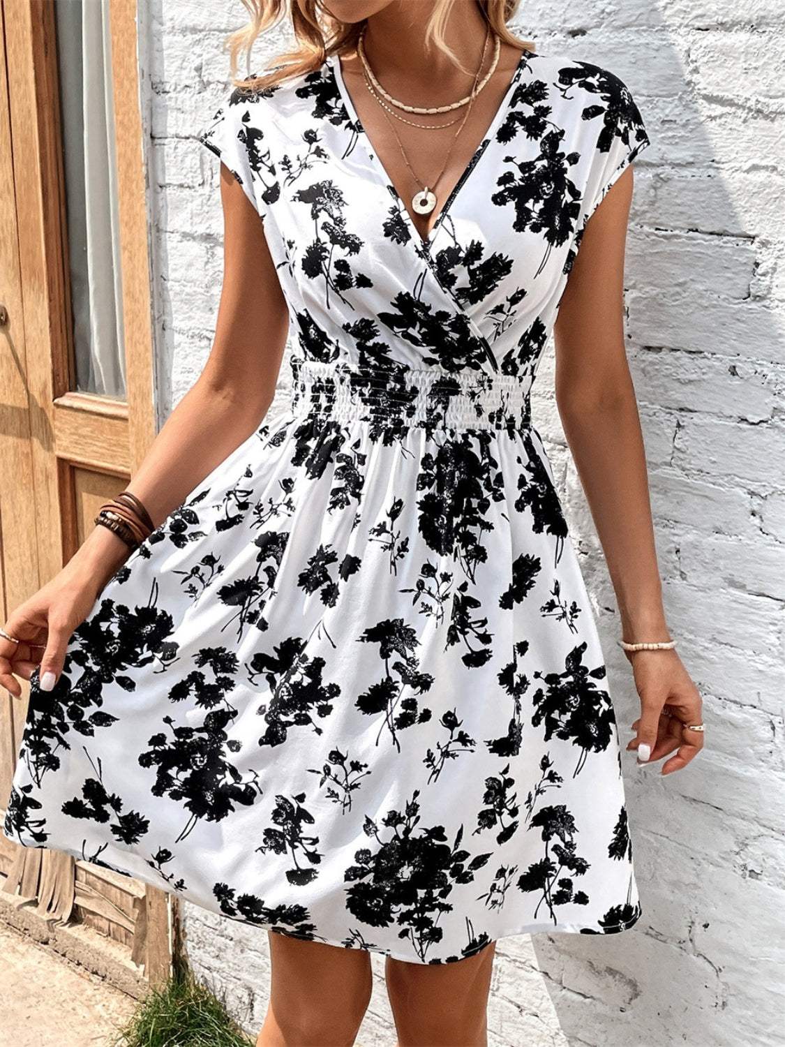 Printed Surplice Cap Sleeve Dress Casual Dresses - Tophatter Daily Deals