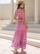 Tied Printed V-Neck Sleeveless Dress Casual Dresses - Tophatter Daily Deals