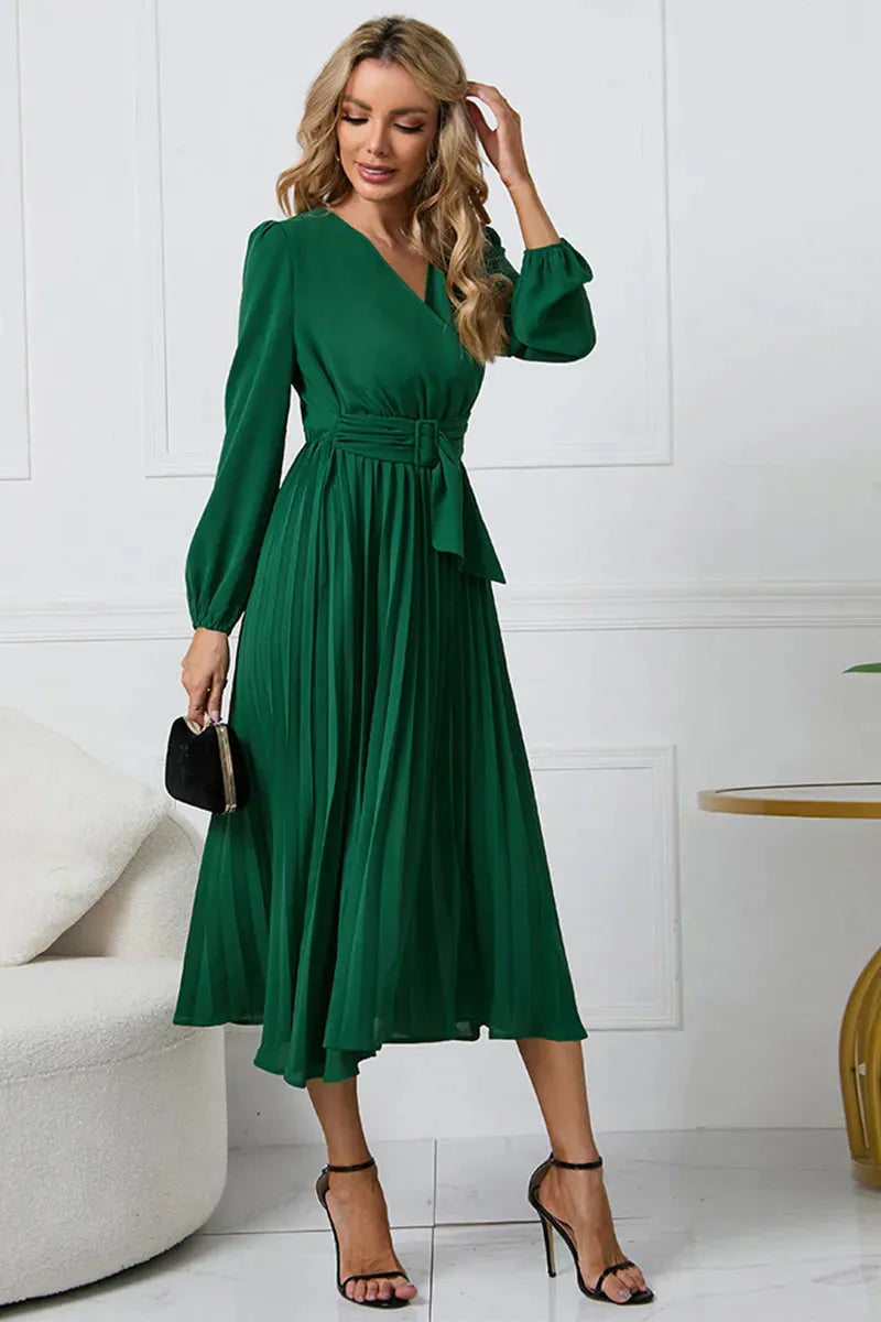V-Neck Long Sleeve Tie Waist Midi Dress Green Casual Dresses - Tophatter Daily Deals
