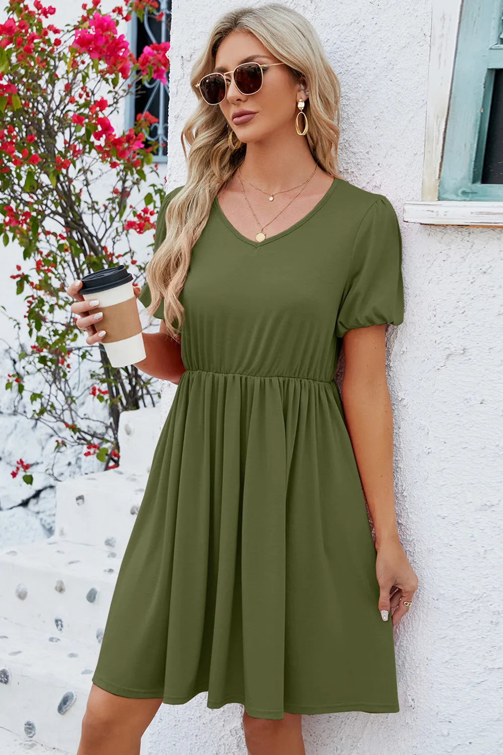 V-Neck Balloon Short Sleeve Dress Casual Dresses - Tophatter Daily Deals