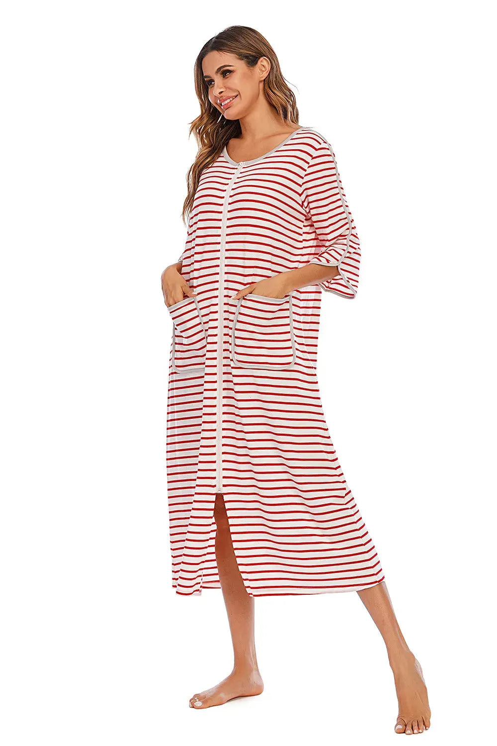 Round Neck Three-Quarter Sleeve Midi Night Dress Sleep Dresses - Tophatter Daily Deals