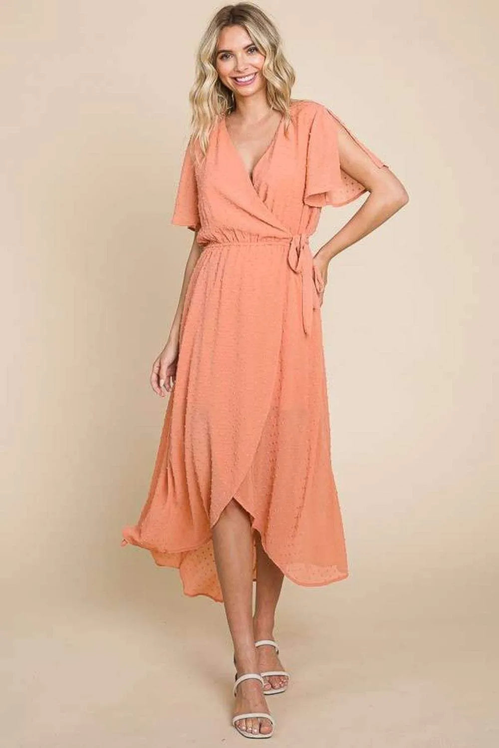 Culture Code Full Size Swiss Dot Tied Slit Short Sleeve Dress COCOA Casual Dresses - Tophatter Daily Deals
