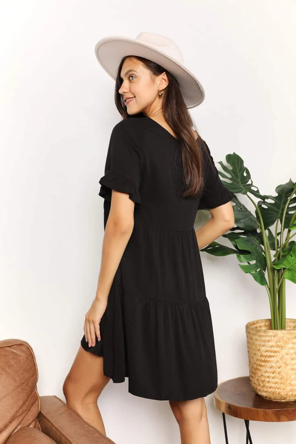 Double Take V-Neck Flounce Sleeve Tiered Dress Casual Dresses - Tophatter Daily Deals