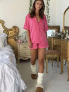 Printed Button Up Top and Shorts Lounge Set Hot Pink Loungewear Sets - Tophatter Daily Deals