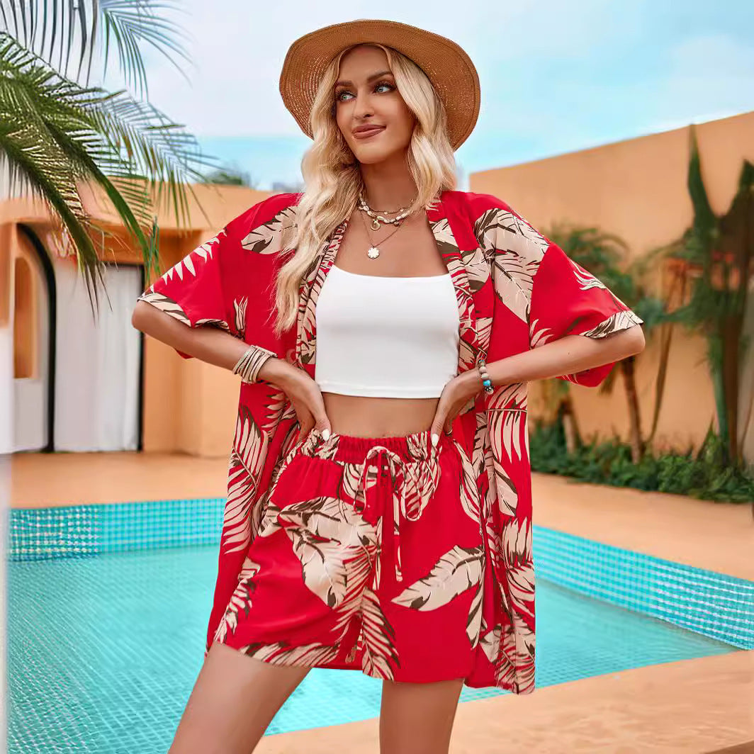 2pcs Casual Holiday Leaves Print Suit Summer Short Sleeve Shirt Top And Drawstring Shorts Sets For Womens Clothing 4 - Tophatter Daily Deals