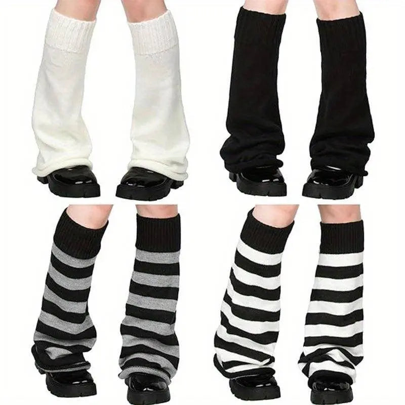 1/4 Pairs Y2K Knitted Flared Leg Warmer Socks, Striped Design, Stretch Fabric, Rolled Hem Knee High Socks For Women For Fall & Winter - Tophatter Daily Deals