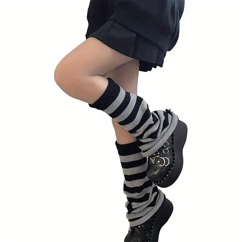 1/4 Pairs Y2K Knitted Flared Leg Warmer Socks, Striped Design, Stretch Fabric, Rolled Hem Knee High Socks For Women For Fall & Winter - Tophatter Daily Deals