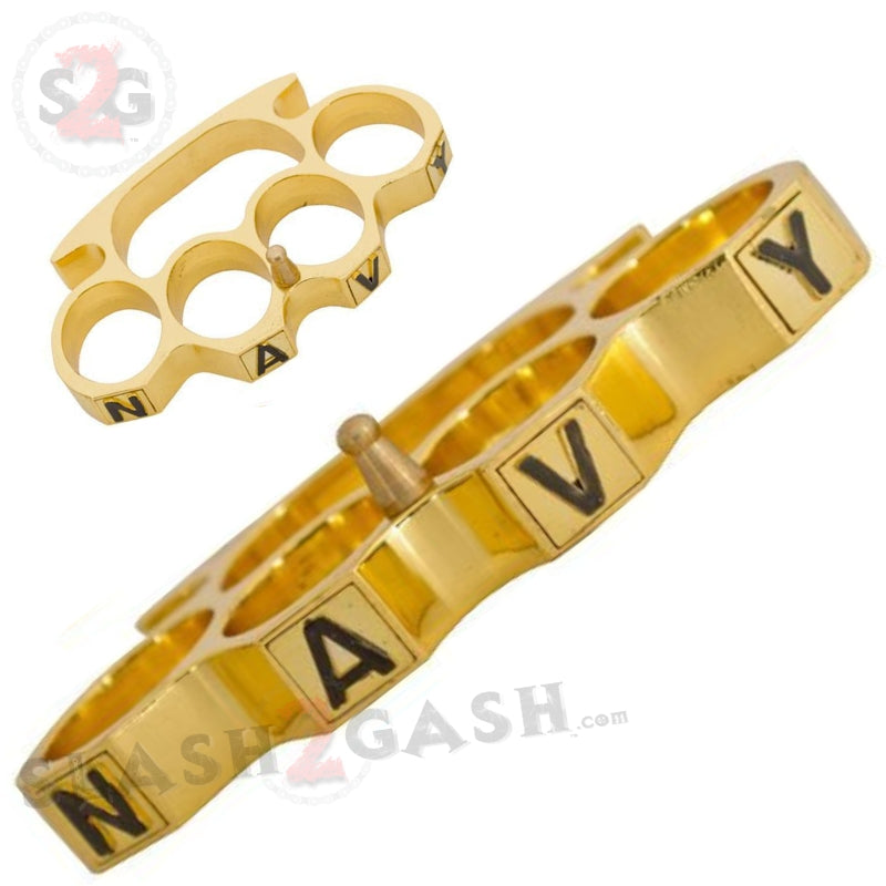 Navy Brass Knuckles Belt Buckle Paperweight - Shiny Gold Belt Buckle - Tophatter Daily Deals