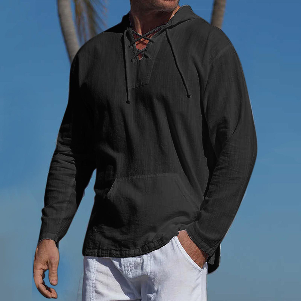 Lightweight Casual Mens Pullover - Laceup V Neck, Linen Black - Tophatter Daily Deals