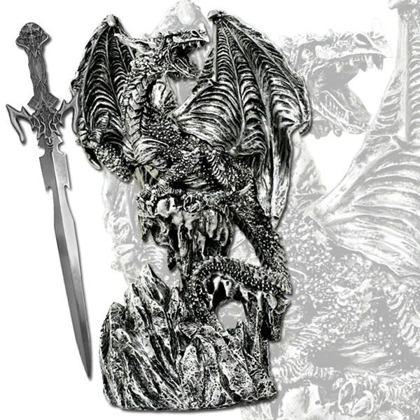 Silver Skull Dragon Standing on Mountain - 9" Polyresin Statue with Letter Open - TOPHATTER'S ARMORY DEALS Collectible Weapons - Tophatter Daily Deals