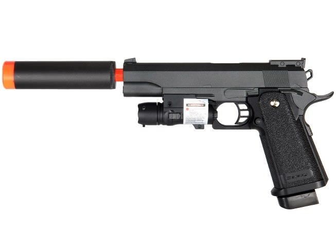 G6A M1911 1911 A1 Metal Airsoft Spring Pistol with Silencer & Laser - TOPHATTER'S ARMORY DEALS Collectible Weapons - Tophatter Daily Deals