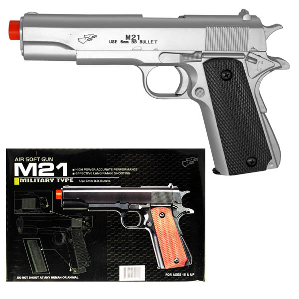 M1911 Airsoft Spring Pistol M21 Military Style Gun 1911 Replica Silver - TOPHATTER'S ARMORY DEALS Collectible Weapons - Tophatter Daily Deals