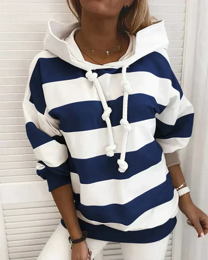 Soft Women’s Hooded Pullover - Striped Relaxed Cotton, Casual Blue - Tophatter Daily Deals