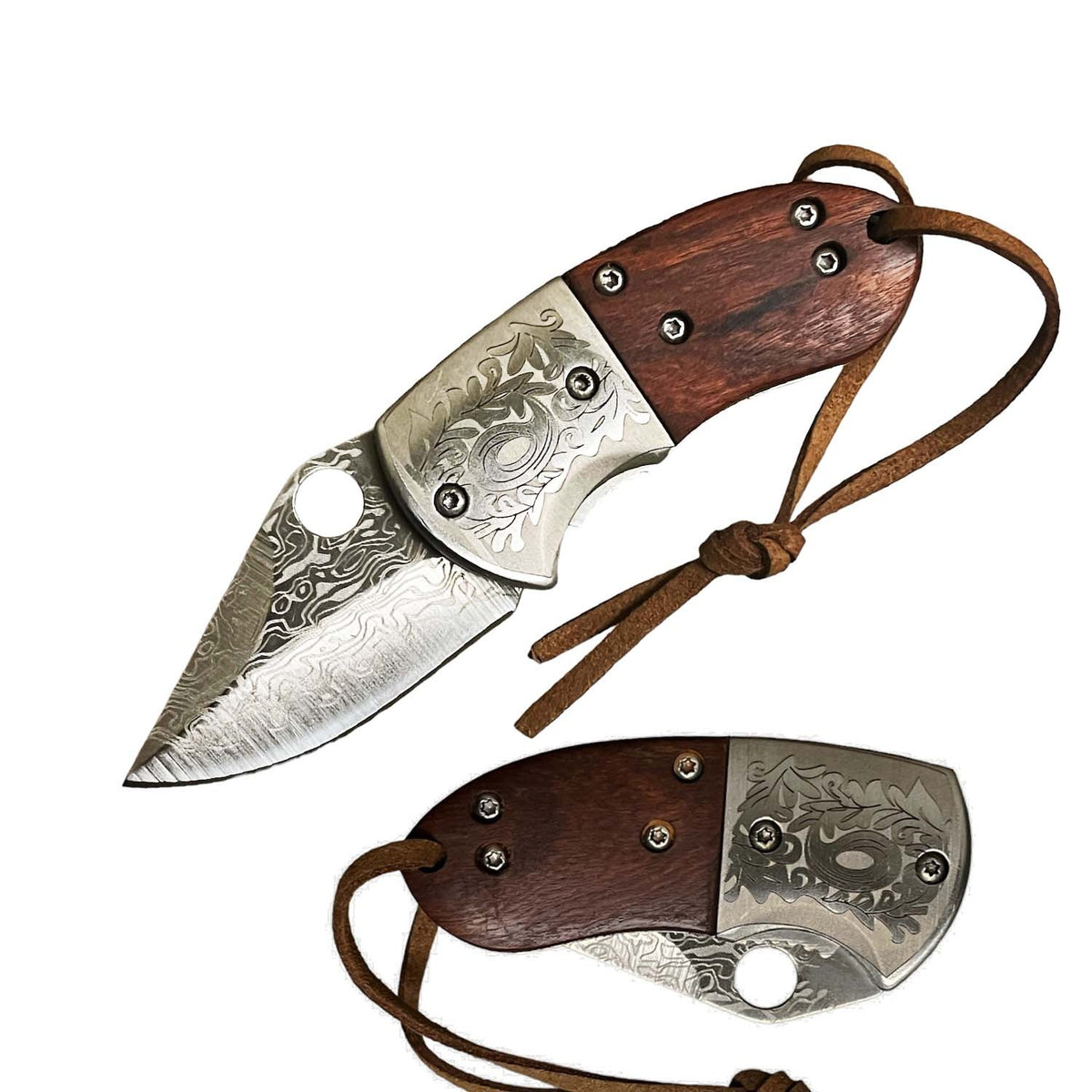 Wood Handle Damascus Etched Mini Folding Chubby Pocket Knife - TOPHATTER'S ARMORY DEALS Collectible Weapons - Tophatter Daily Deals