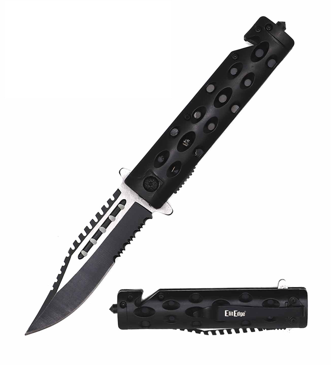 2-Tone Serrated Blade Black Tactical Spring Assisted Folding Knife - TOPHATTER'S ARMORY DEALS Collectible Weapons - Tophatter Daily Deals