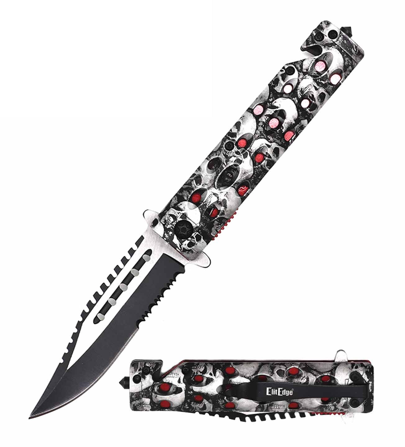 2-Tone Serrated Blade Skull Tactical Spring Assisted Folding Knife - TOPHATTER'S ARMORY DEALS Collectible Weapons - Tophatter Daily Deals