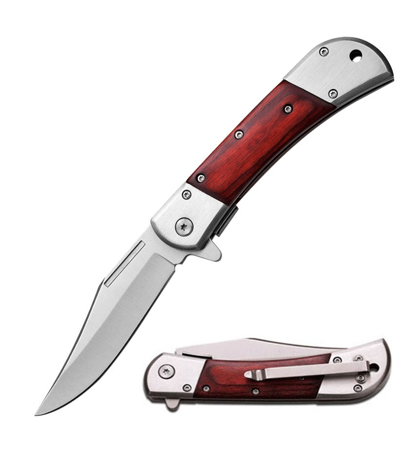 4.75 Inches Closed Spring Assisted Knife With Wood Overlay Handle - TOPHATTER'S ARMORY DEALS Collectible Weapons - Tophatter Daily Deals