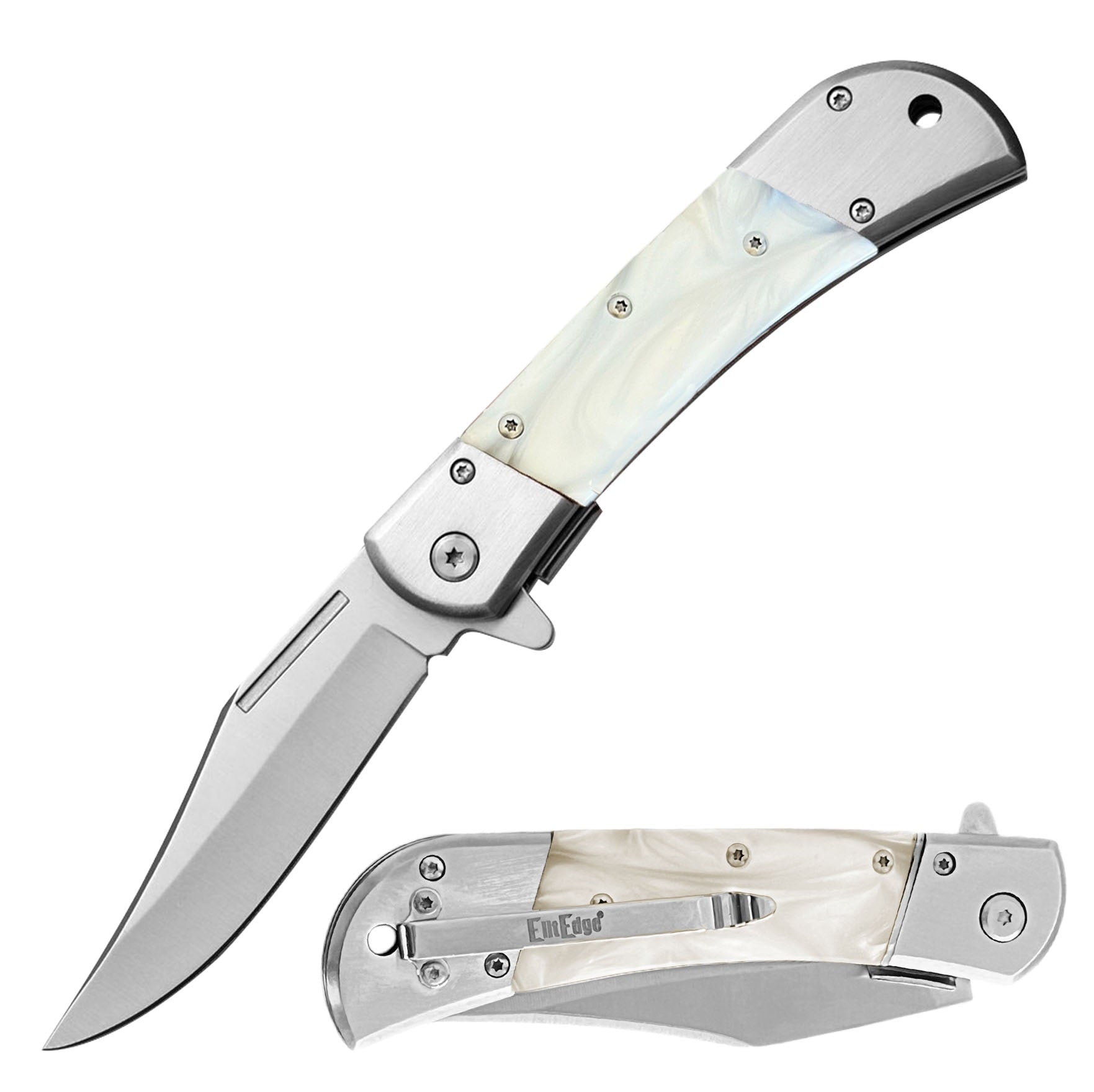 4.75 Inches Closed Spring Assisted Knife With White Pearl Overlay Handle Collectible Weapons - Tophatter Daily Deals