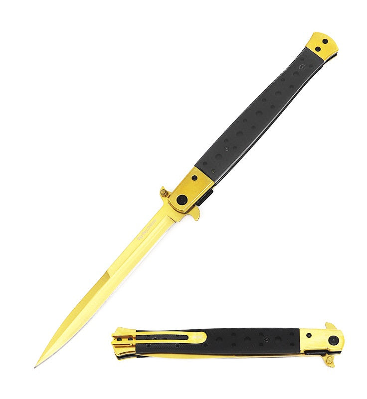 13" Classic Extra Large Gold Spring Assisted Open STILETTO Pocket Knife - Tophatter's Army Products & Self Defense Collectible Weapons - Tophatter Daily Deals