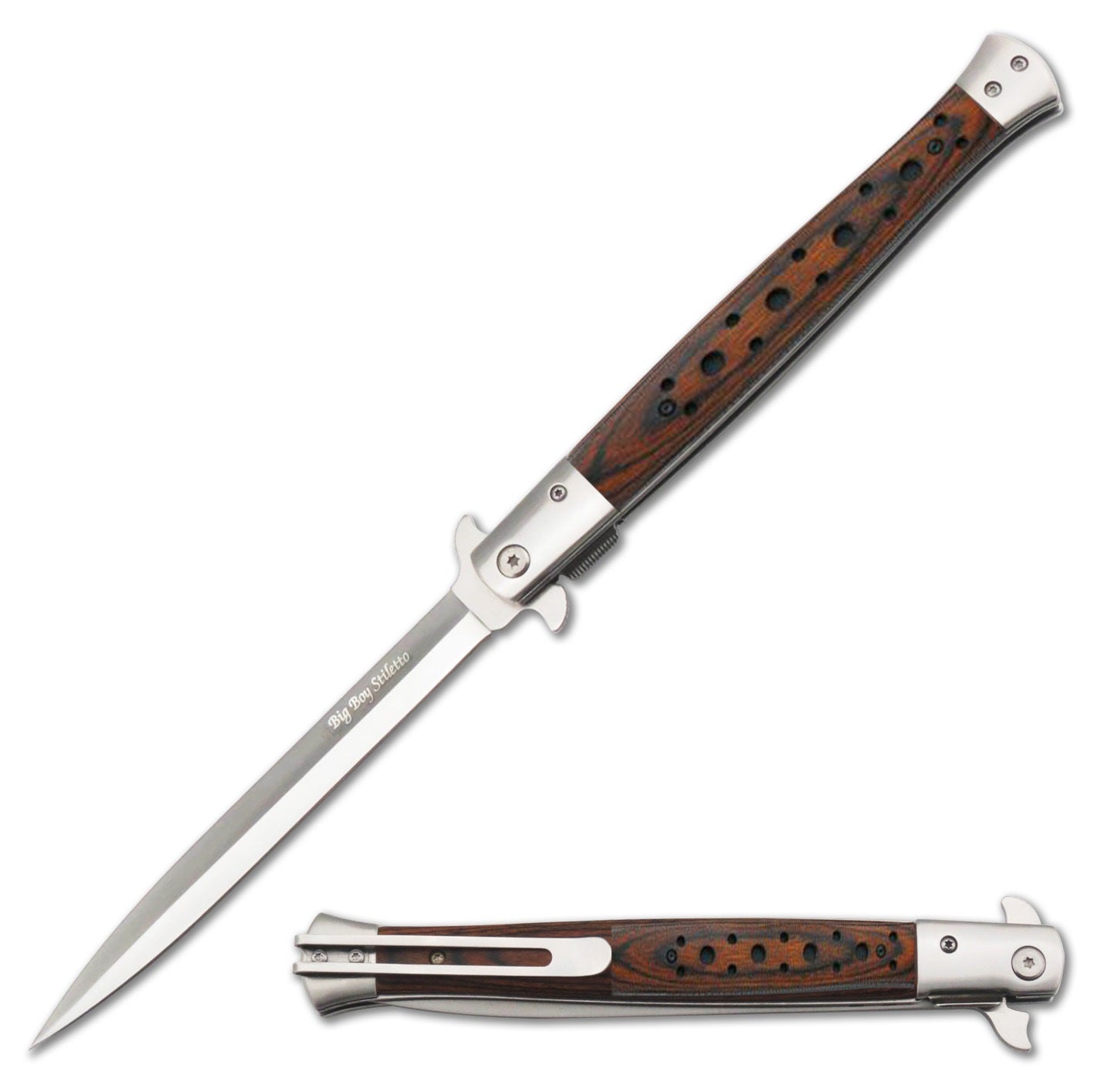 13" Classic Extra Large Brown Wood Spring Assisted Open STILETTO Pocket Knife - Tophatter's Guns'N'Weapons Store - FREE SHIPPING Collectible Weapons - Tophatter Daily Deals