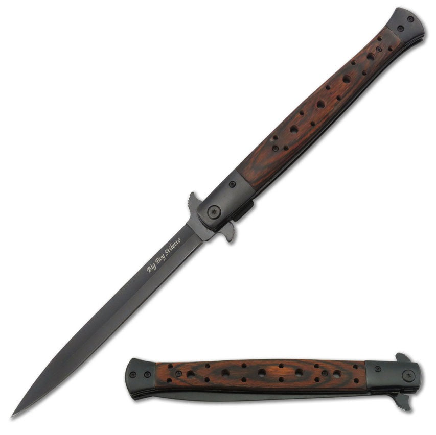 13" Classic Extra Large Wood Handle Spring Assisted Open STILETTO Pocket Knife - TOPHATTER'S ARMORY DEALS Collectible Weapons - Tophatter Daily Deals