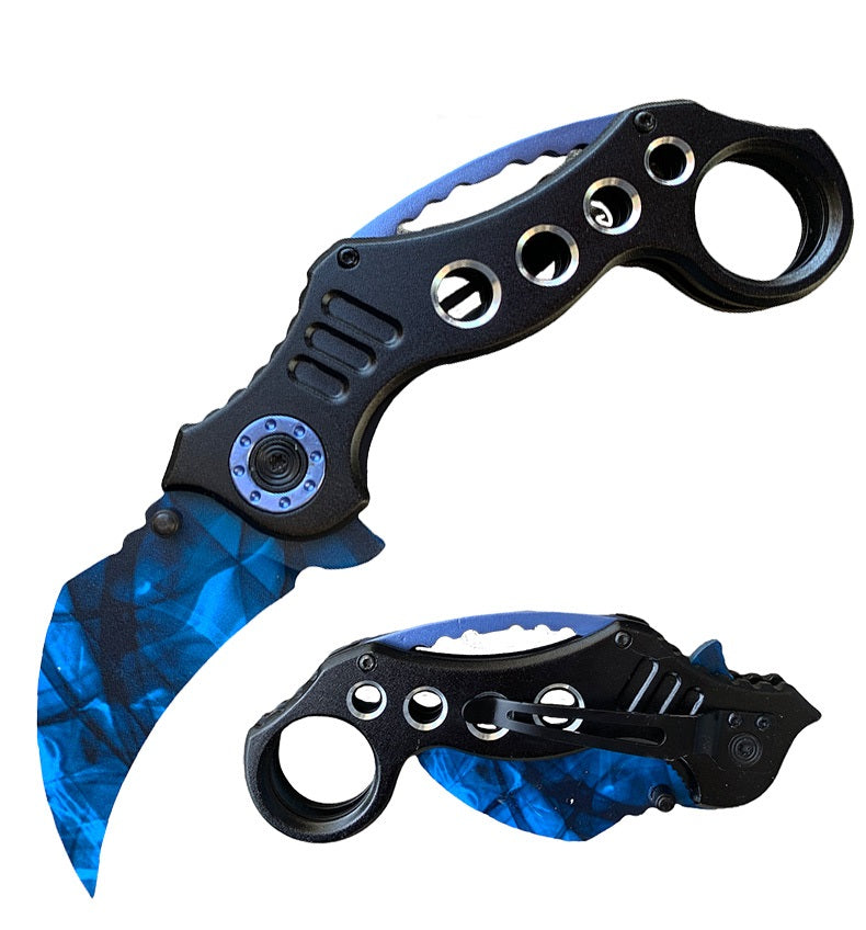 8" Military Blue Karambit Claw Spring Assisted Folding Open Pocket Knife - TOPHATTER'S ARMORY DEALS Collectible Weapons - Tophatter Daily Deals