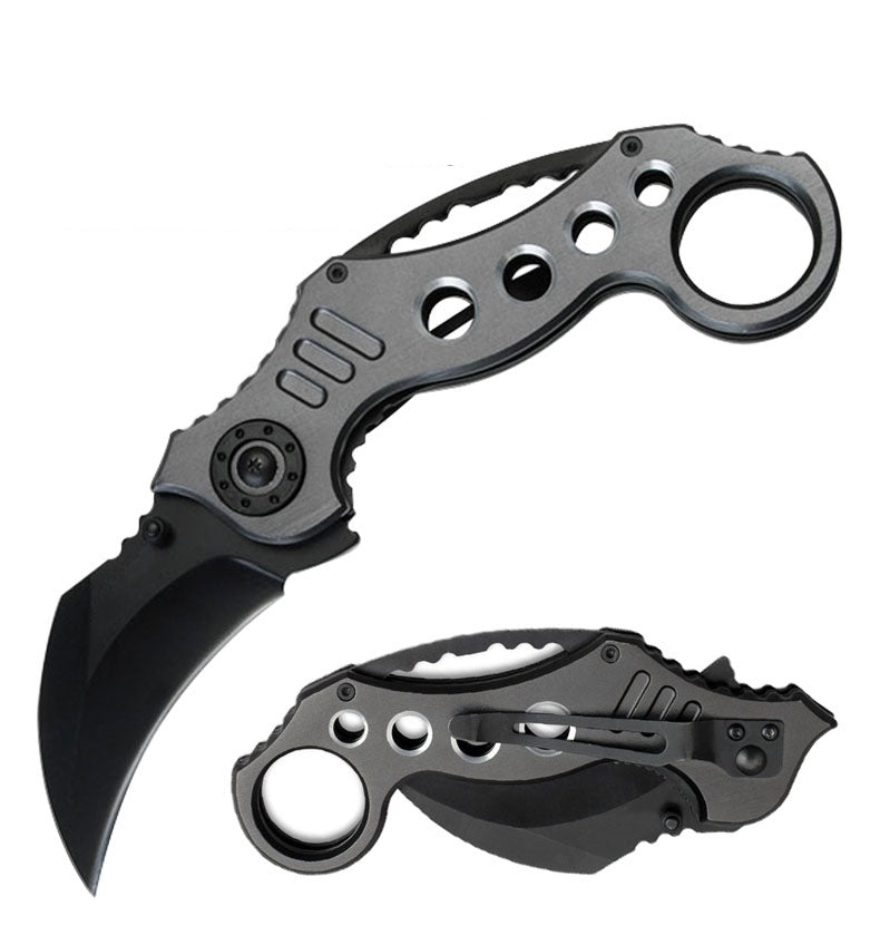 8" Military Grey Karambit Claw Spring Assisted Folding Open Pocket Knife Collectible Weapons - Tophatter Daily Deals