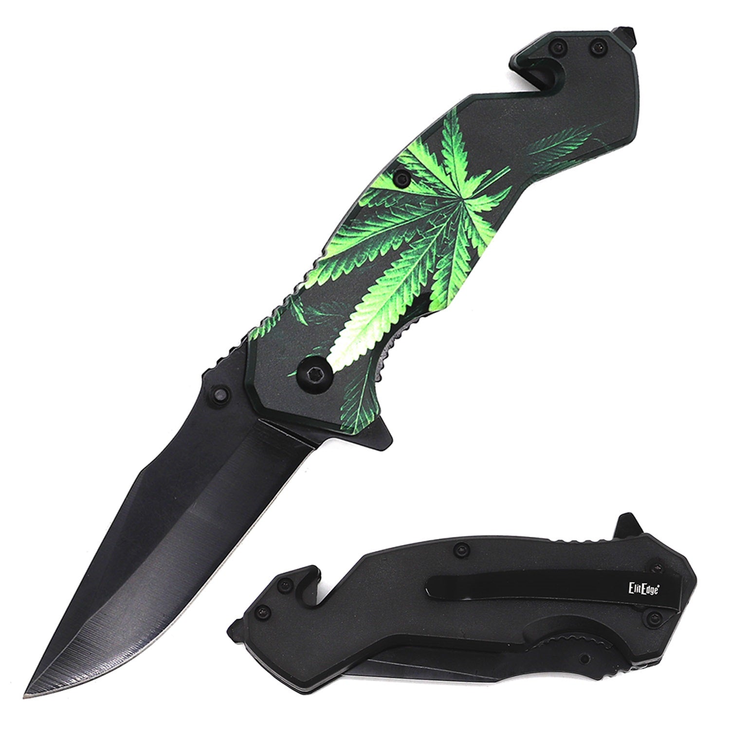 4.75" Closed Marijuana Pot Leaf Design Tactical Rescue Spring Assist Knife Collectible Weapons - Tophatter Daily Deals
