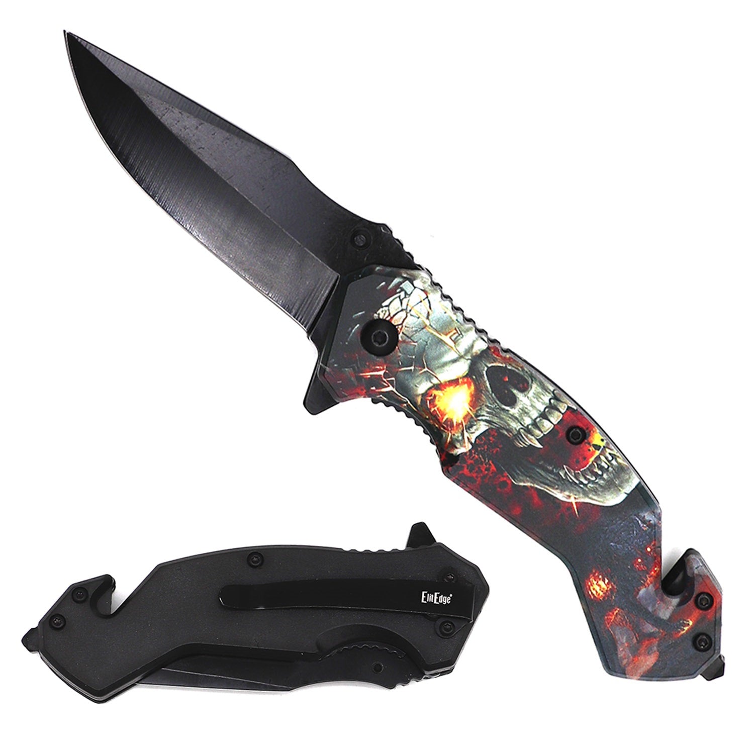 4.75" Closed Red Skull Design Tactical Rescue Spring Assist Knife - Tophatter's Guns'N'Weapons Store - FREE SHIPPING Collectible Weapons - Tophatter Daily Deals