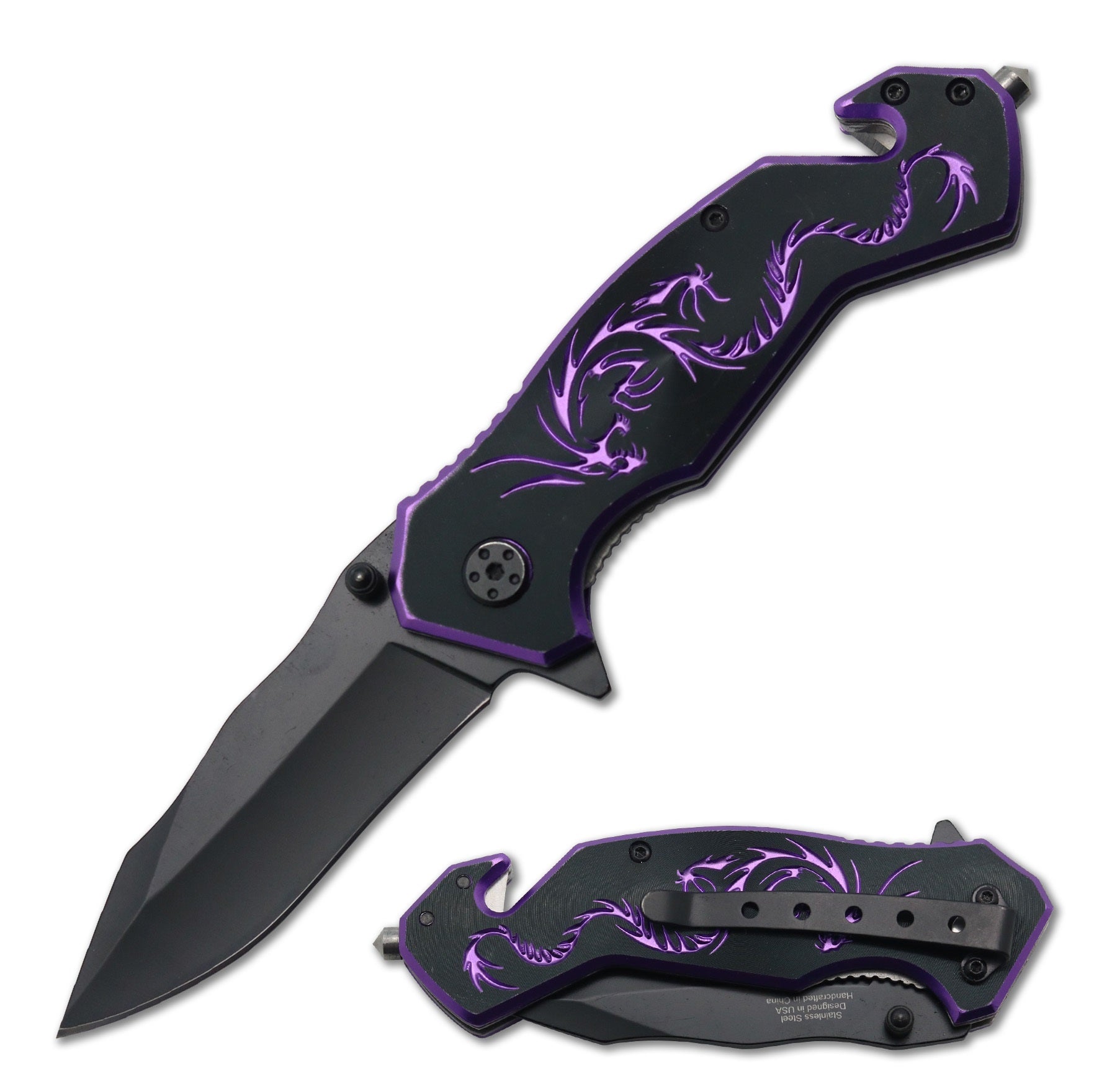 7.75" Tactical Fantasy Purple Dragon Spring Assisted Open Rescue Folding Pocket Knife - TOPHATTER'S ARMORY DEALS Collectible Weapons - Tophatter Daily Deals