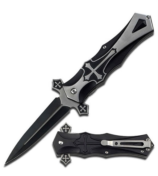Crusader Cross Spring Assisted Pocket Knife Black - TOPHATTER'S ARMORY DEALS Collectible Weapons - Tophatter Daily Deals