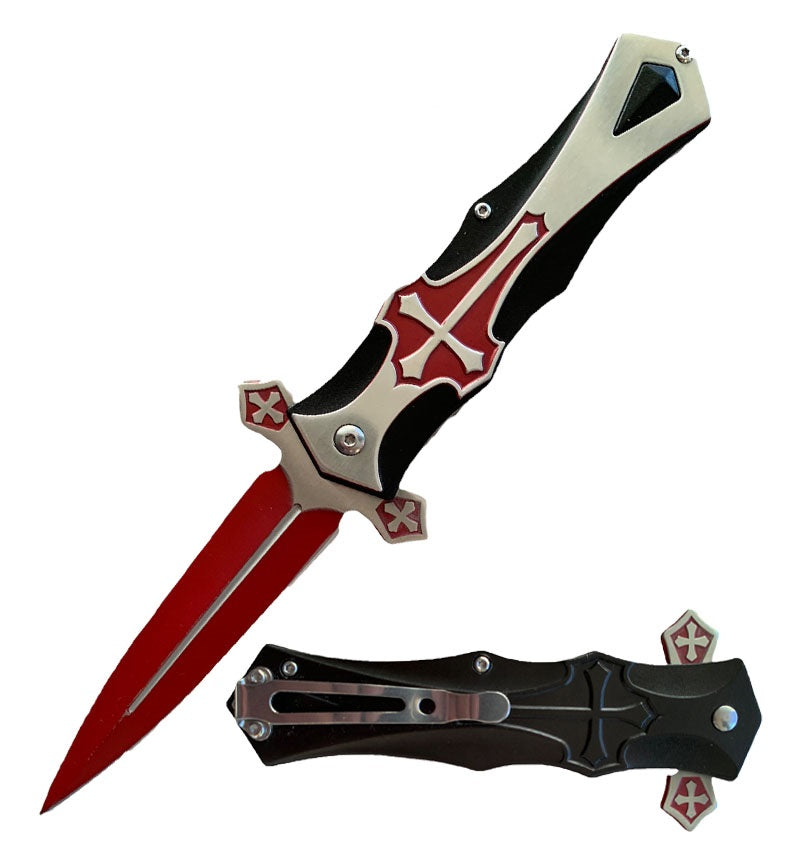 Crusader Cross Spring Assisted Pocket Knife Red - TOPHATTER'S ARMORY DEALS Collectible Weapons - Tophatter Daily Deals